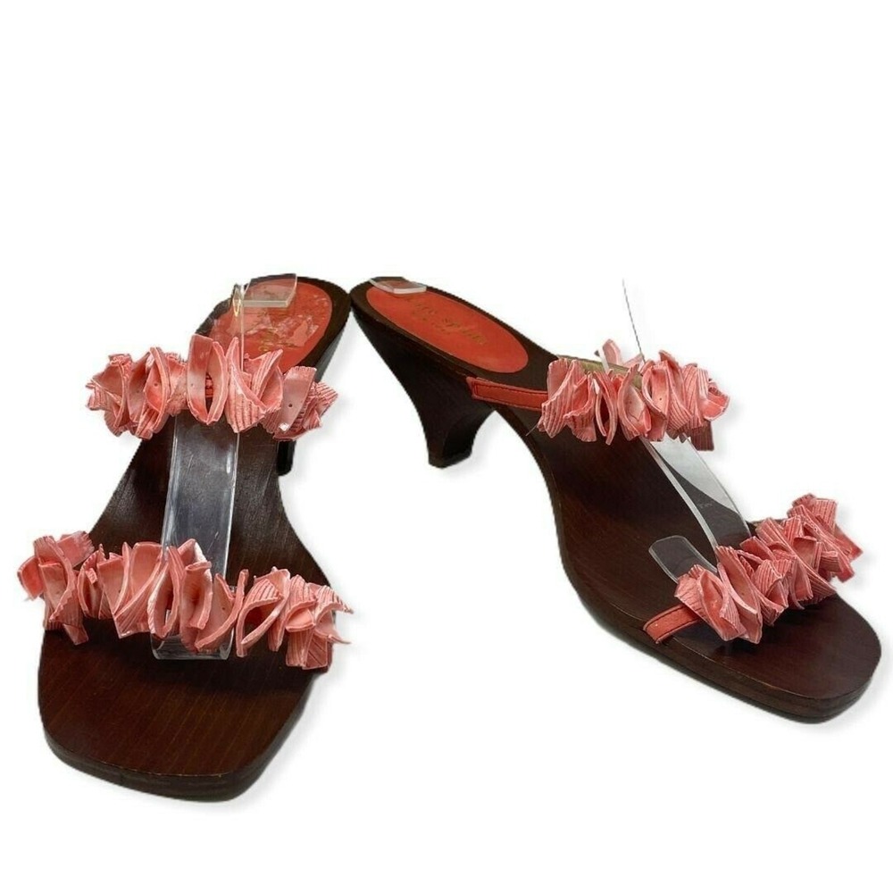 Kate Spade Women's Kitten Heel Sandals 8.5 Coral Shell Straps Wood